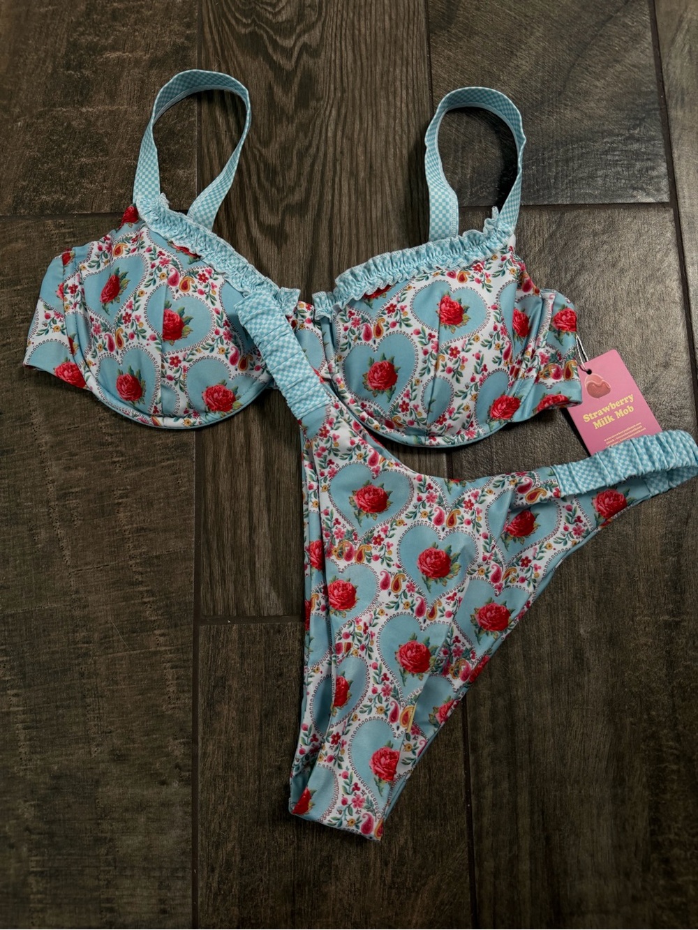 Strawberry Milk Mob Sky Blue & Red Rose Print Underwire Bikini
